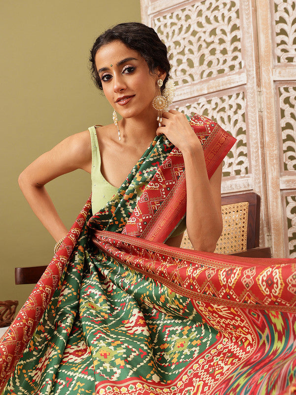 Green Silk Blend Digital Print Ikkat Saree with Blouse Piece
