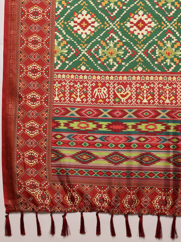 Green Silk Blend Digital Print Ikkat Saree with Blouse Piece