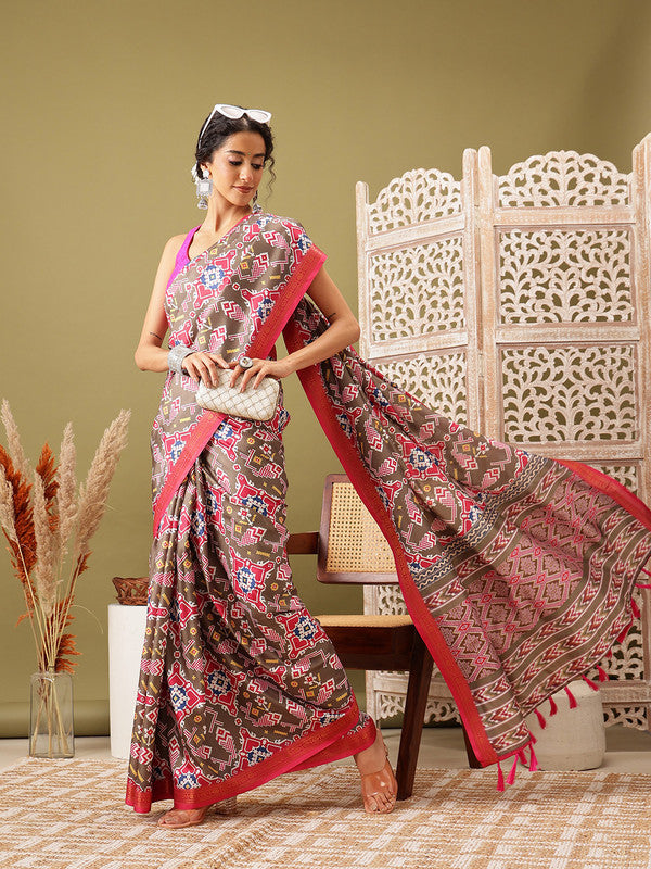 Olive silk blend saree with digital Ikkat print and unstitched blouse