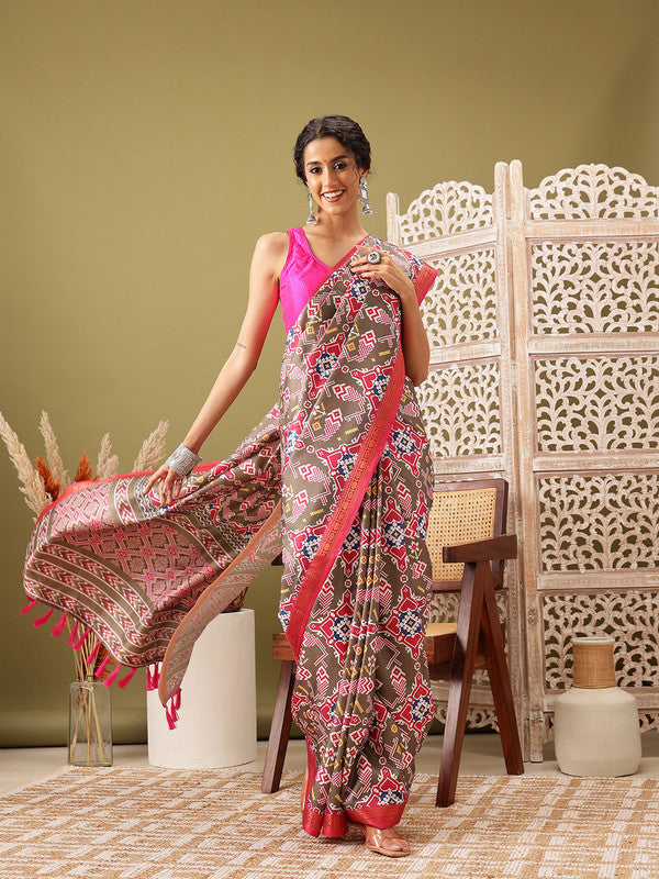 Olive Silk Blend Digital Ikkat Print Saree with Blouse