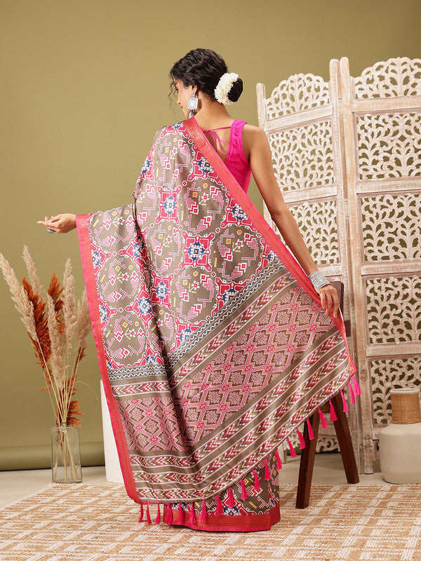 Olive Silk Blend Digital Ikkat Print Saree with Blouse