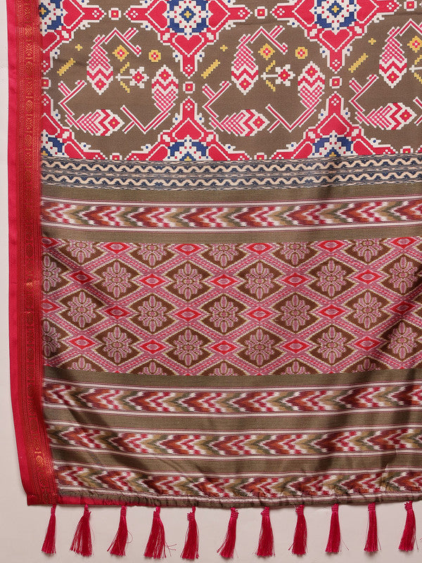 Olive Silk Blend Digital Ikkat Print Saree with Blouse