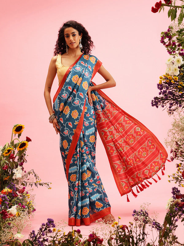 Turquoise Silk Blend Digital Print Ikkat Saree with Blouse Piece