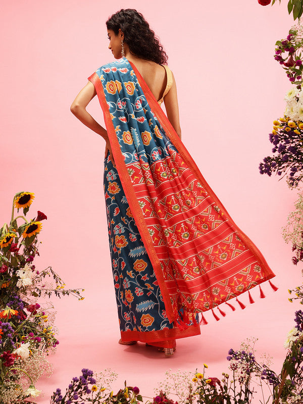 Turquoise Silk Blend Digital Print Ikkat Saree with Blouse Piece