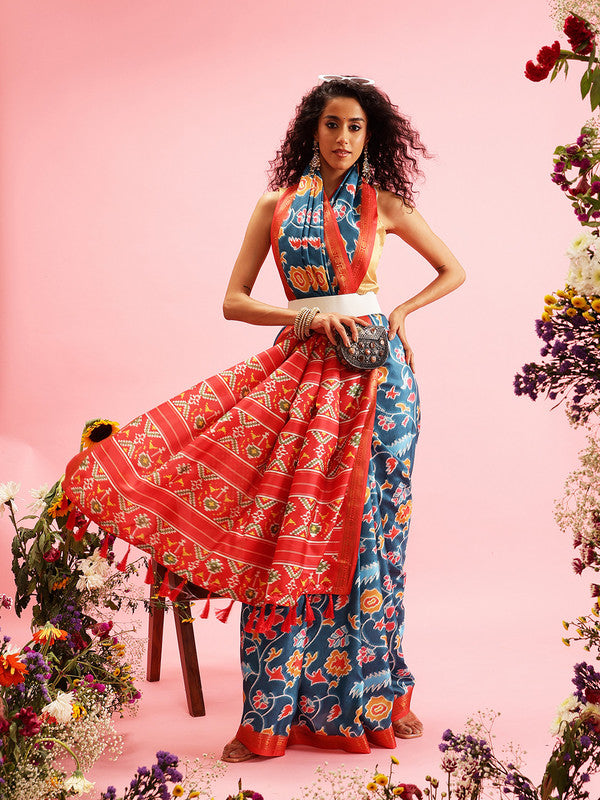 Turquoise Silk Blend Digital Print Ikkat Saree with Blouse Piece