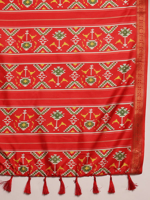 Turquoise Silk Blend Digital Print Ikkat Saree with Blouse Piece