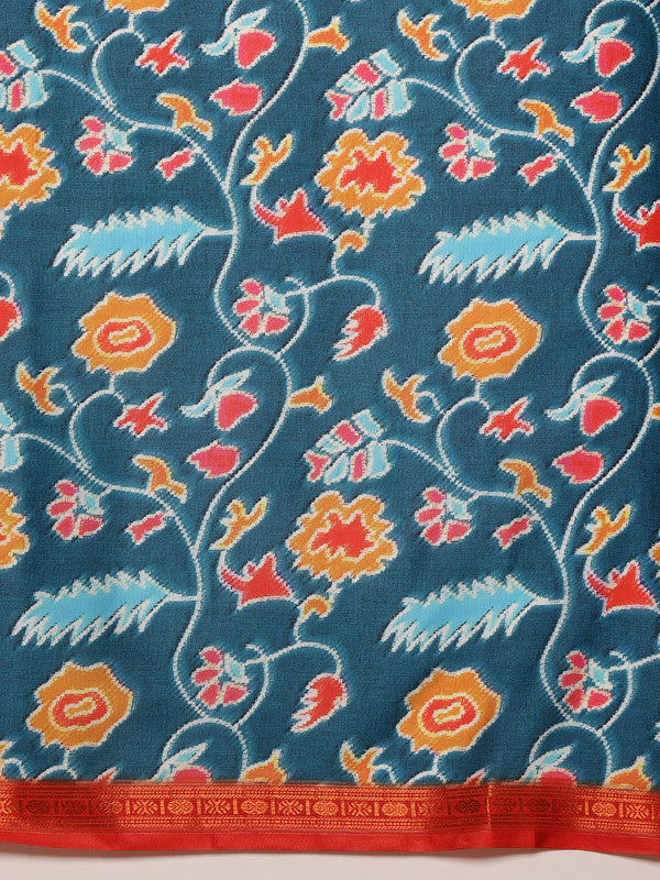 Turquoise Silk Blend Digital Print Ikkat Saree with Blouse Piece