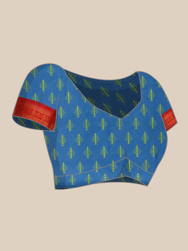 Turquoise Silk Blend Digital Print Ikkat Saree with Blouse Piece