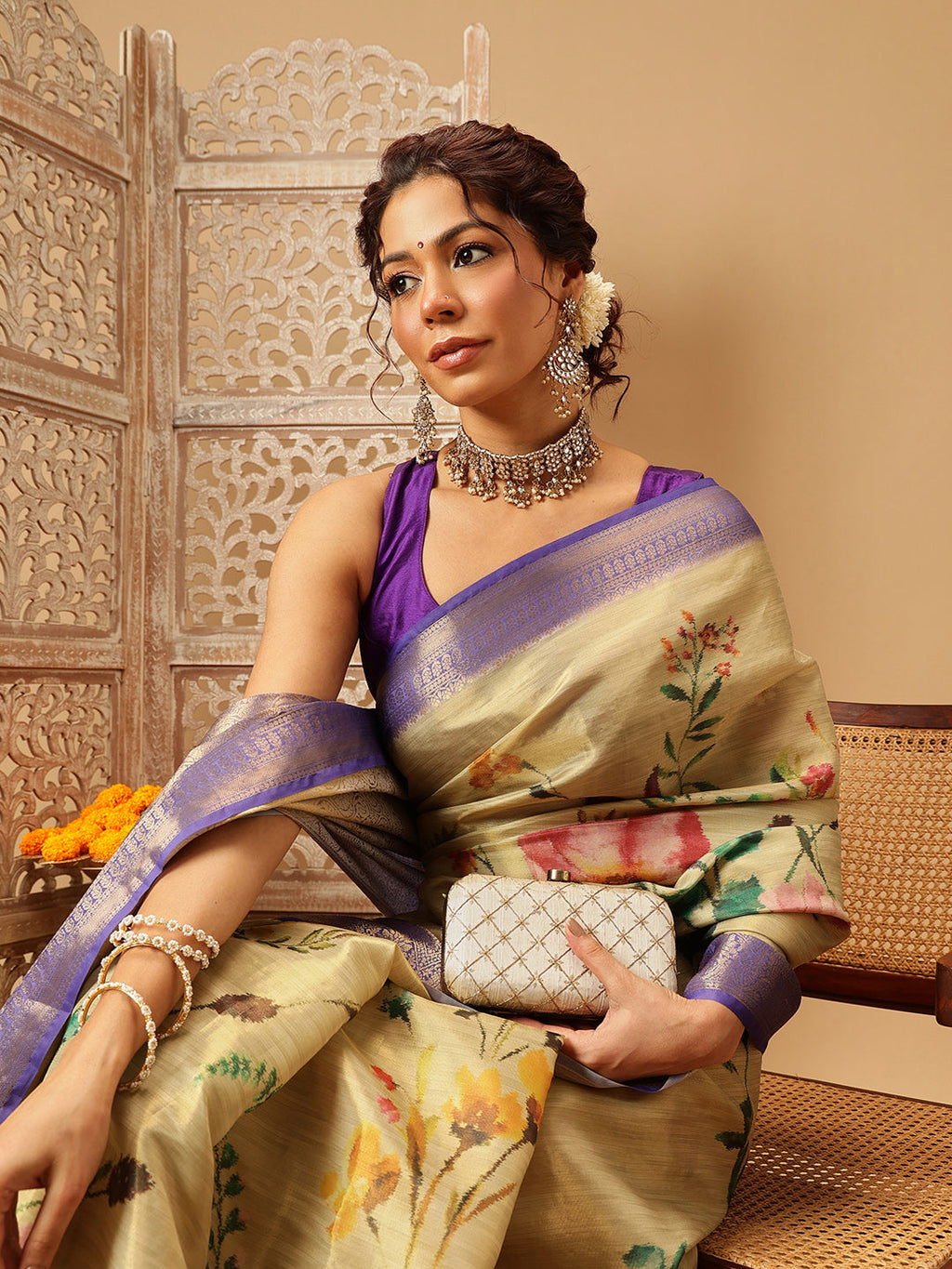 Beige Banarasi Tissue Silk Saree with Floral Digital Prints