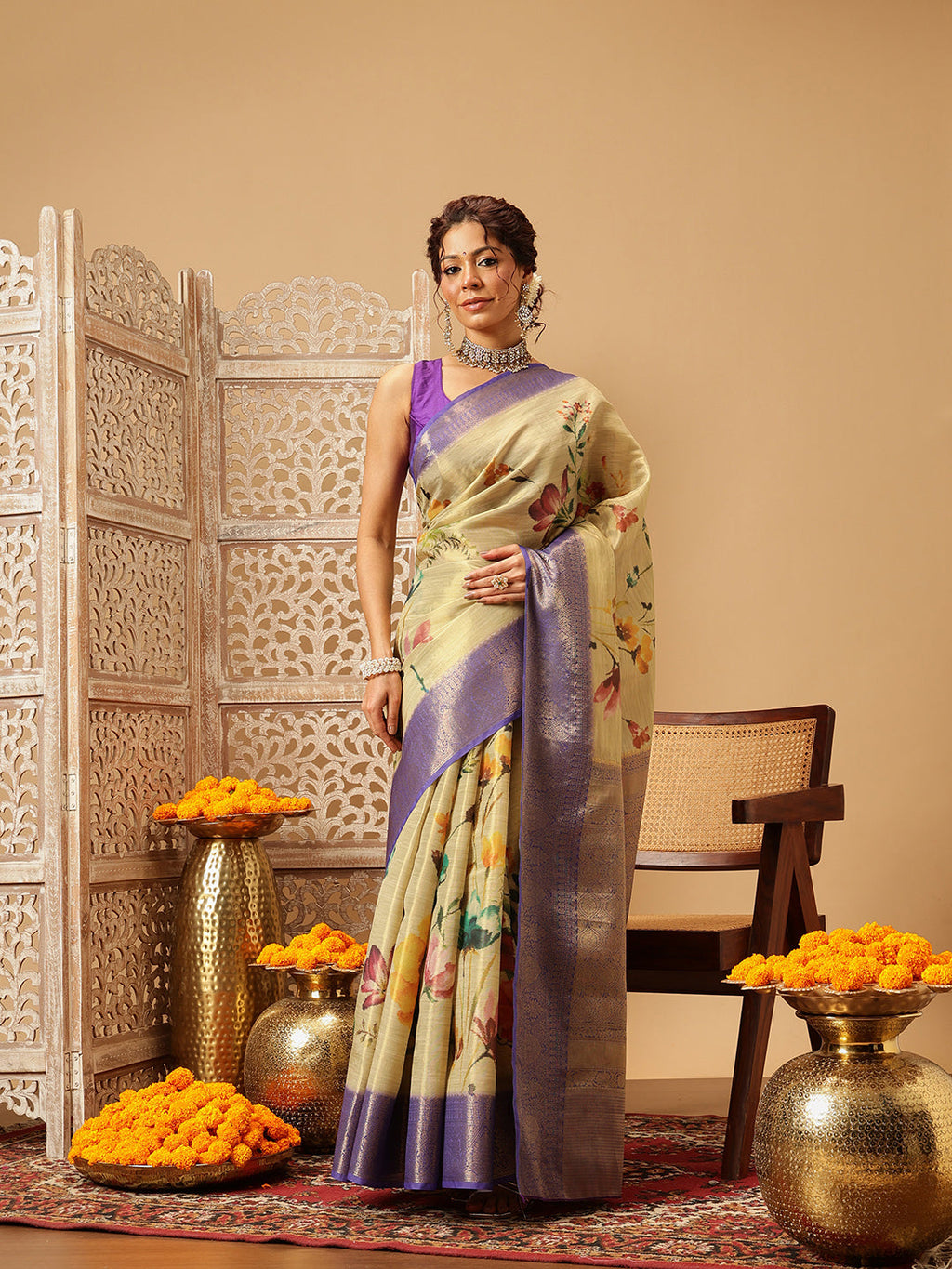 Beige Banarasi tissue silk saree with vibrant floral digital prints
