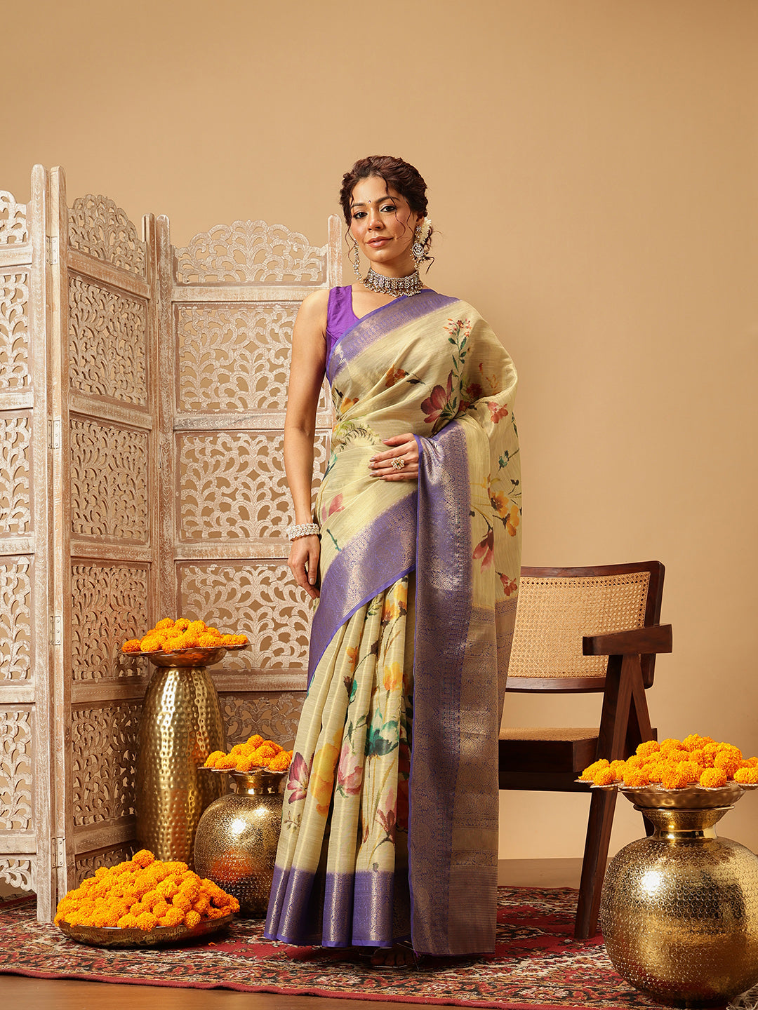 Beige Banarasi tissue silk saree with vibrant floral digital prints