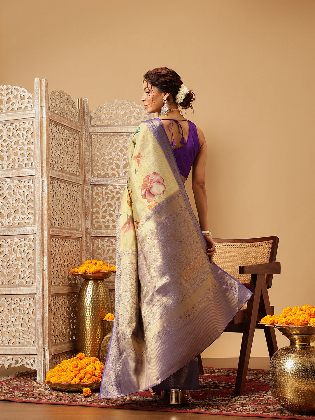 Beige Banarasi Tissue Silk Saree with Floral Digital Prints