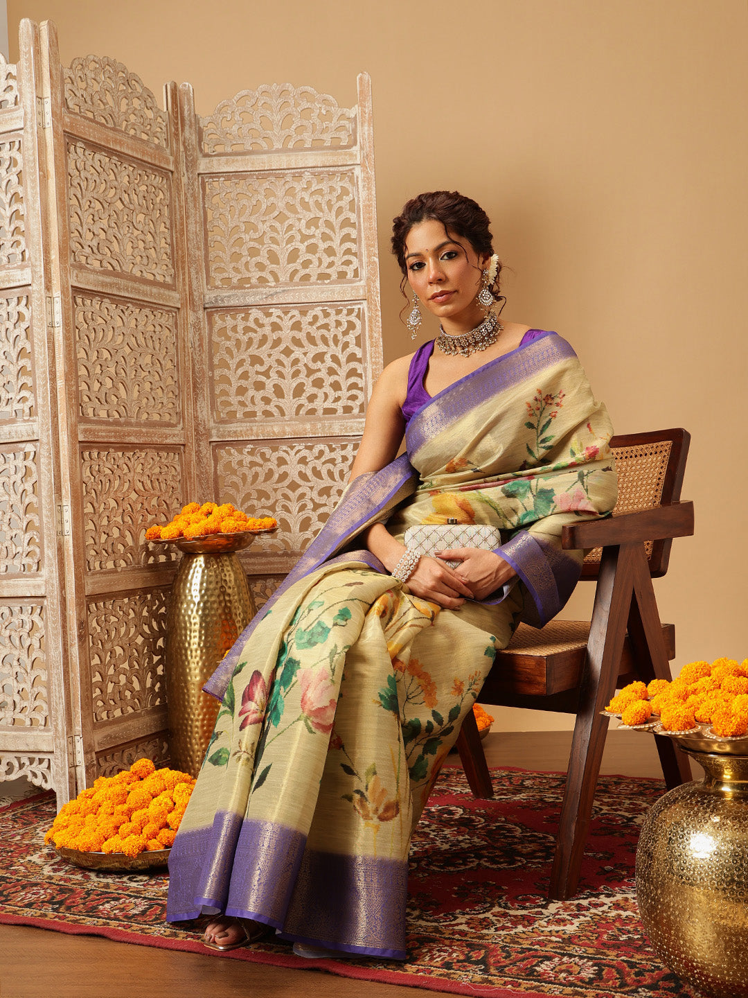 Beige Banarasi Tissue Silk Saree with Floral Digital Prints