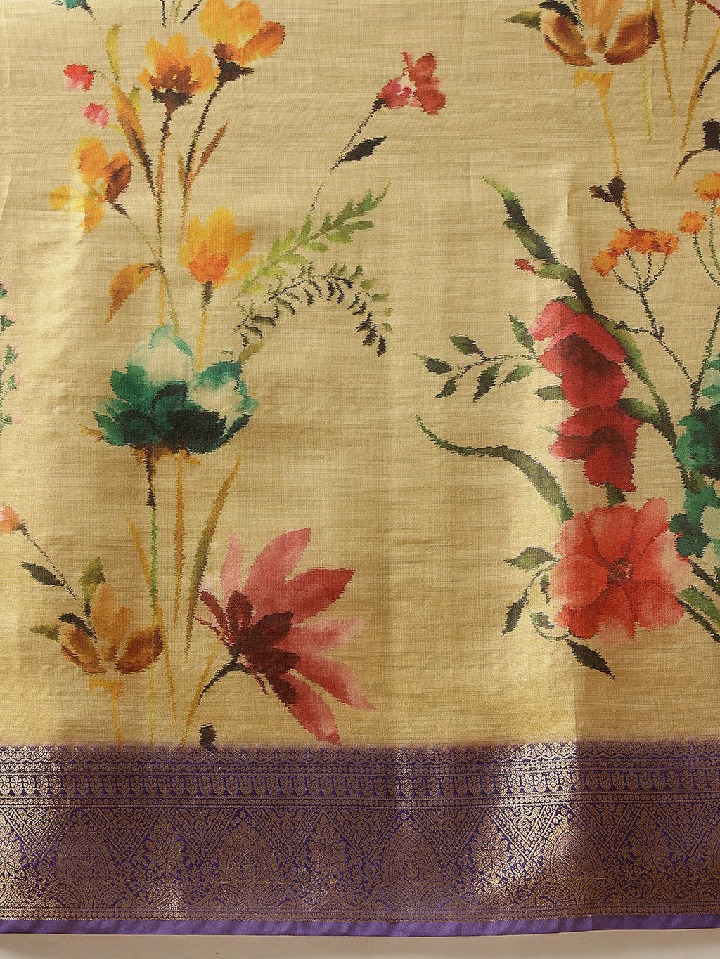Beige Banarasi Tissue Silk Saree with Floral Digital Prints
