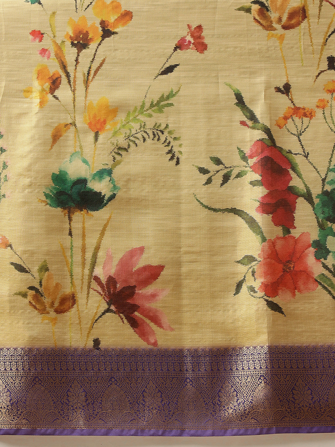 Beige Banarasi Tissue Silk Saree with Floral Digital Prints