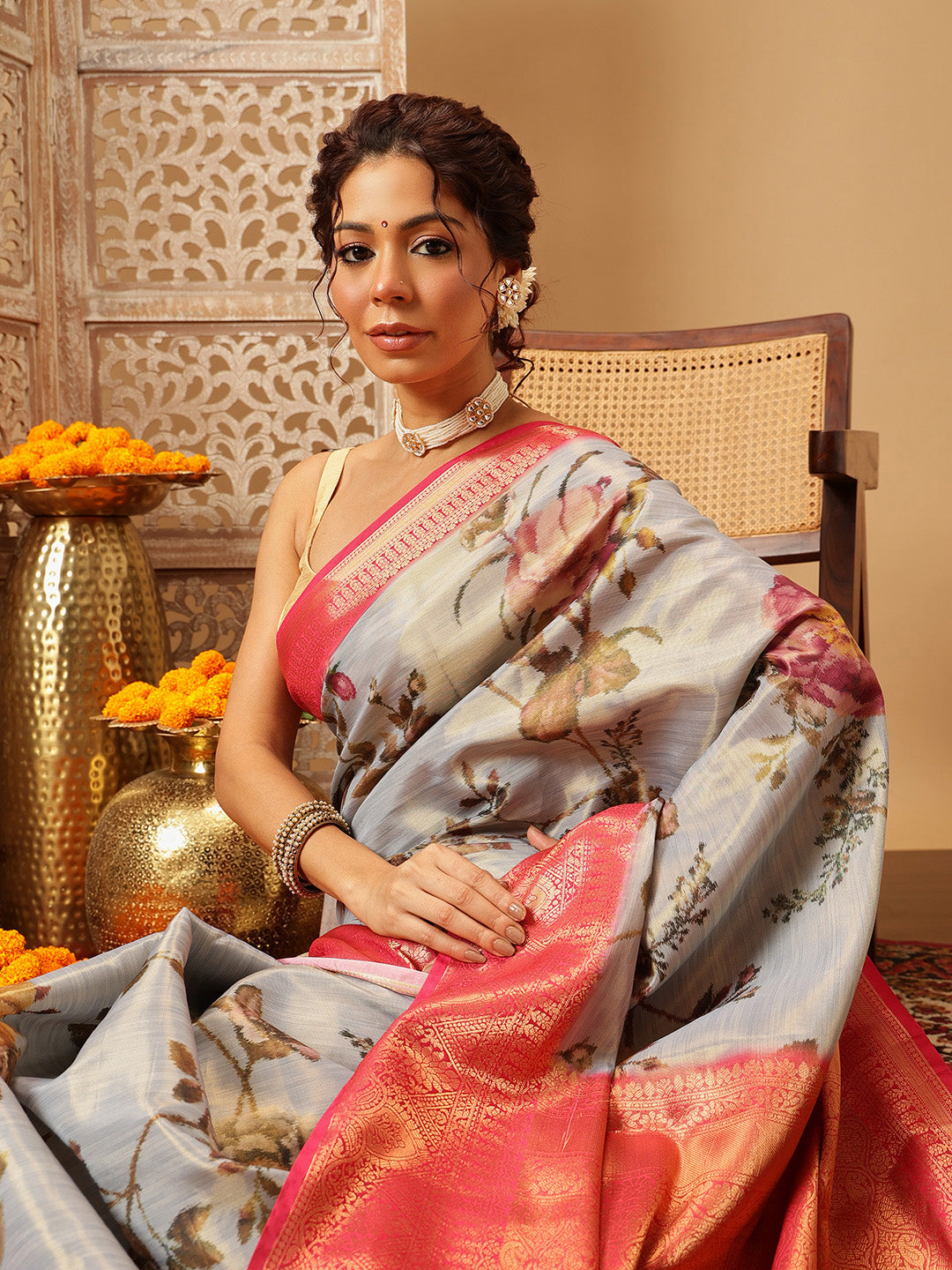 Grey Banarasi Tissue Silk Saree with Floral Digital Print