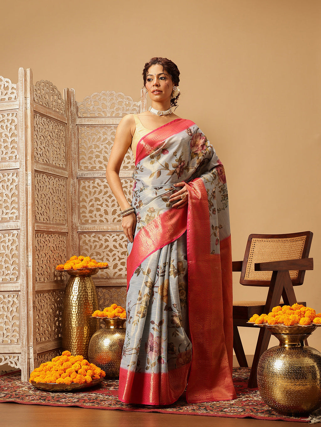 Grey Banarasi tissue silk saree with floral digital print pattern