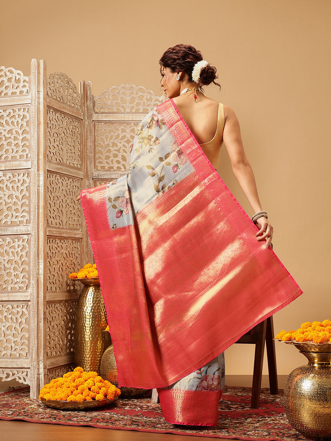 Grey Banarasi Tissue Silk Saree with Floral Digital Print
