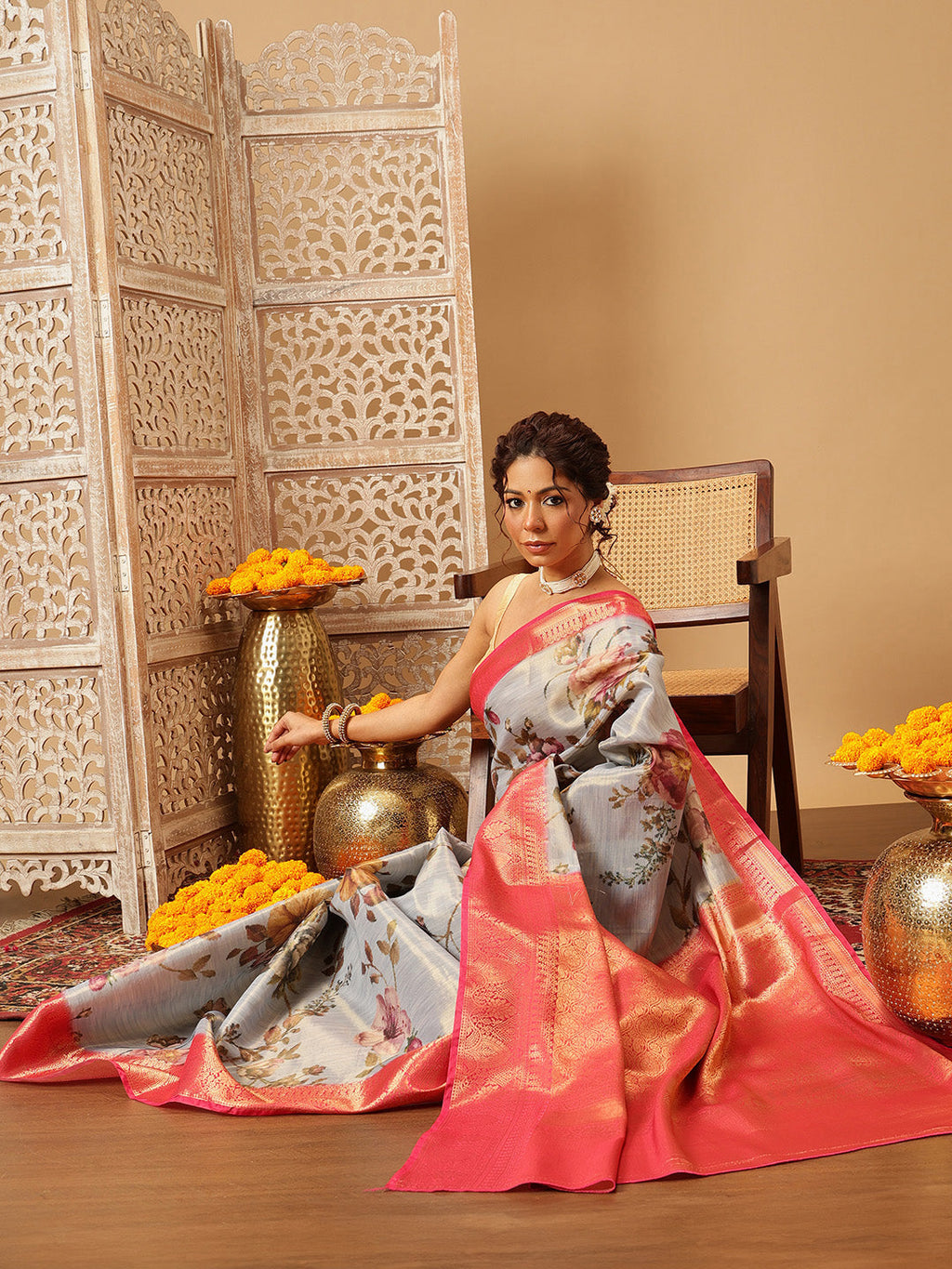 Grey Banarasi Tissue Silk Saree with Floral Digital Print