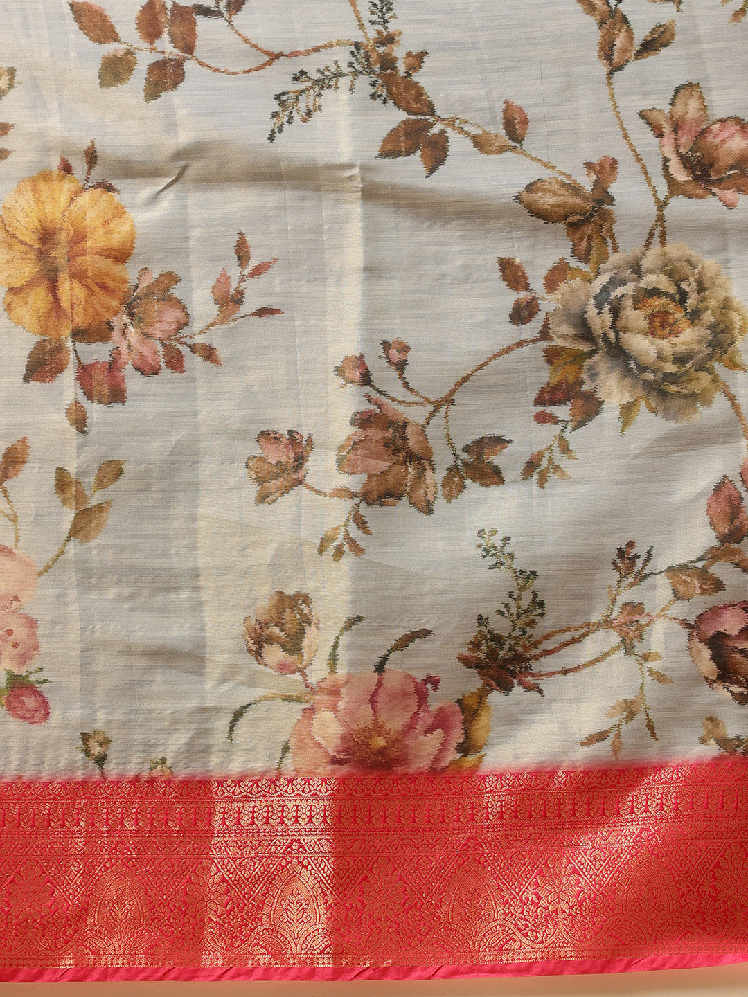 Grey Banarasi Tissue Silk Saree with Floral Digital Print
