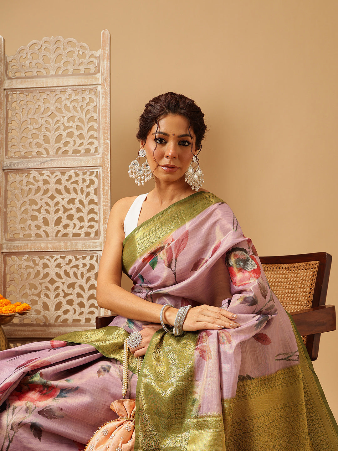 Lavender Banarasi Tissue Silk Saree with Floral Digital Print