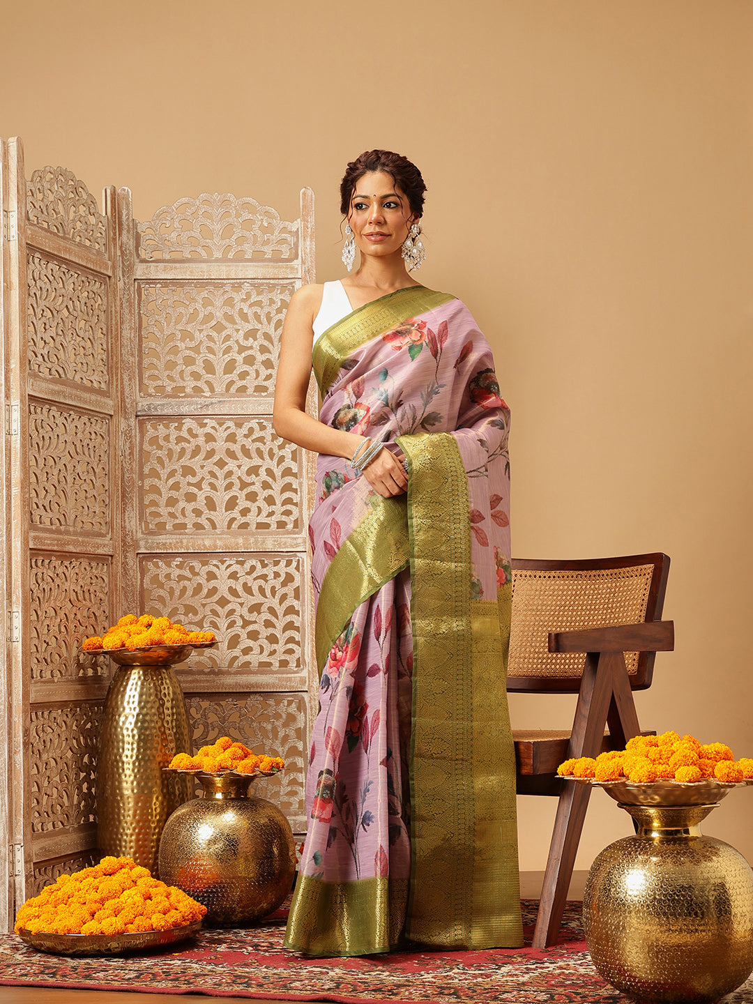 Elegant lavender Banarasi tissue silk saree with vibrant floral digital prints