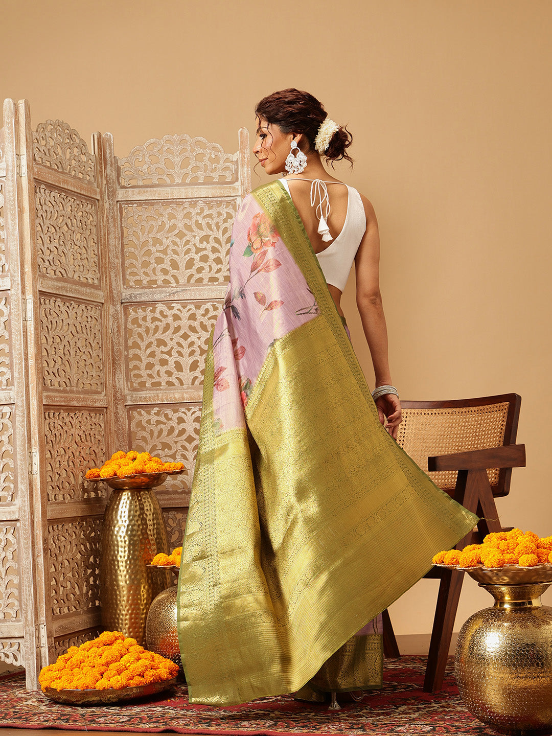 Lavender Banarasi Tissue Silk Saree with Floral Digital Print