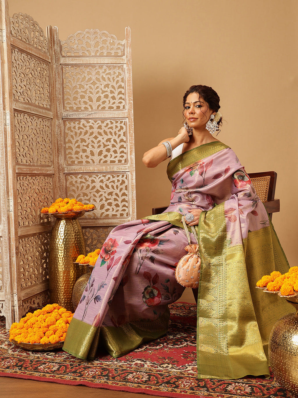 Lavender Banarasi Tissue Silk Saree with Floral Digital Print