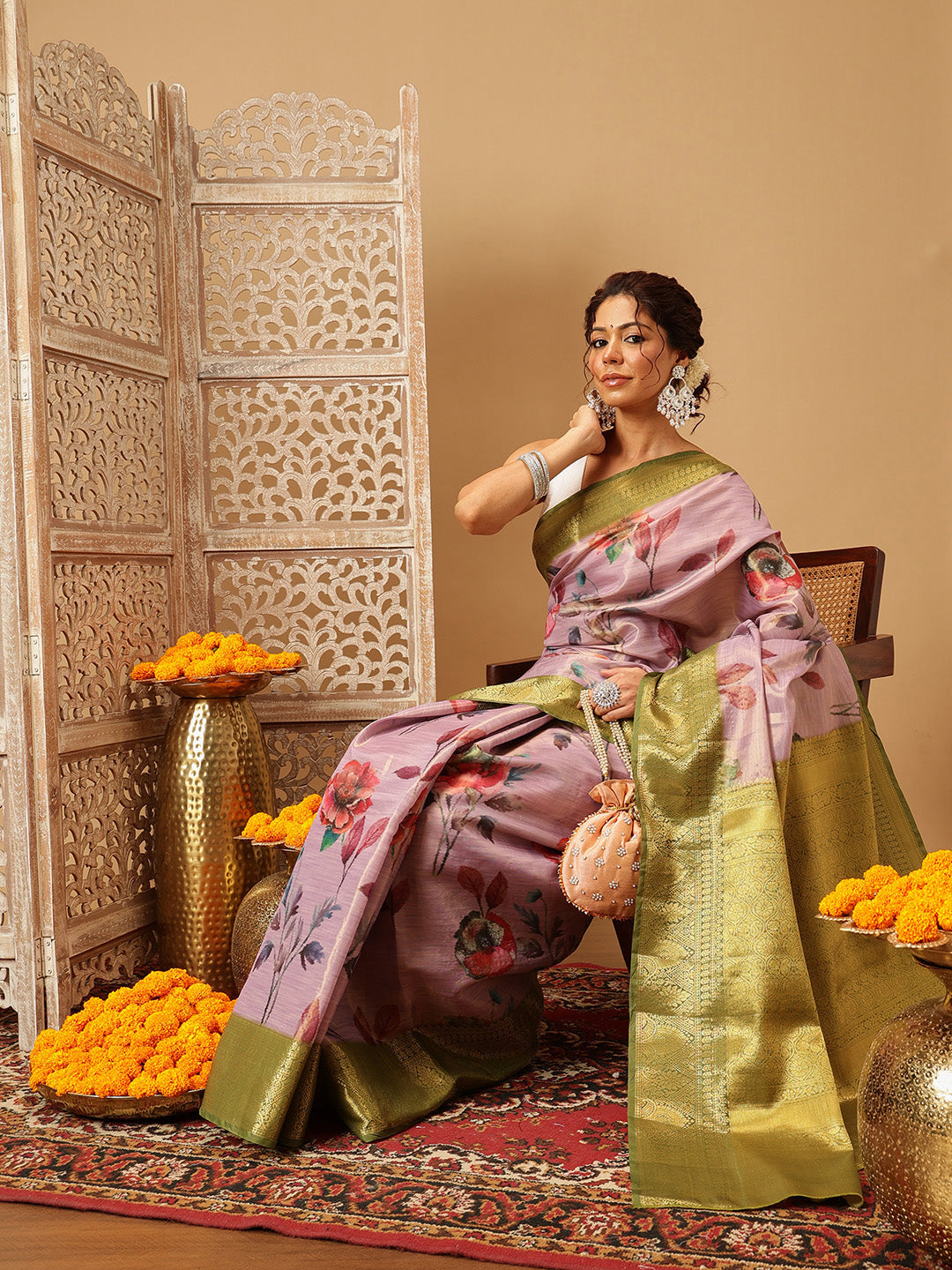 Lavender Banarasi Tissue Silk Saree with Floral Digital Print