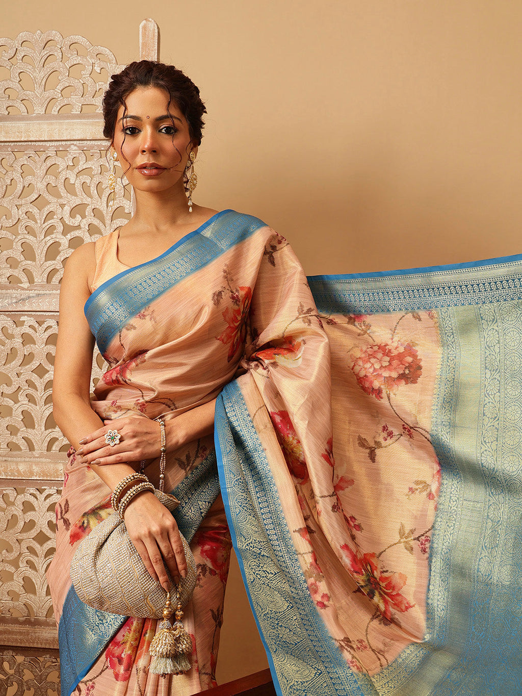 Peach Banarasi Tissue Silk Saree with Floral Print
