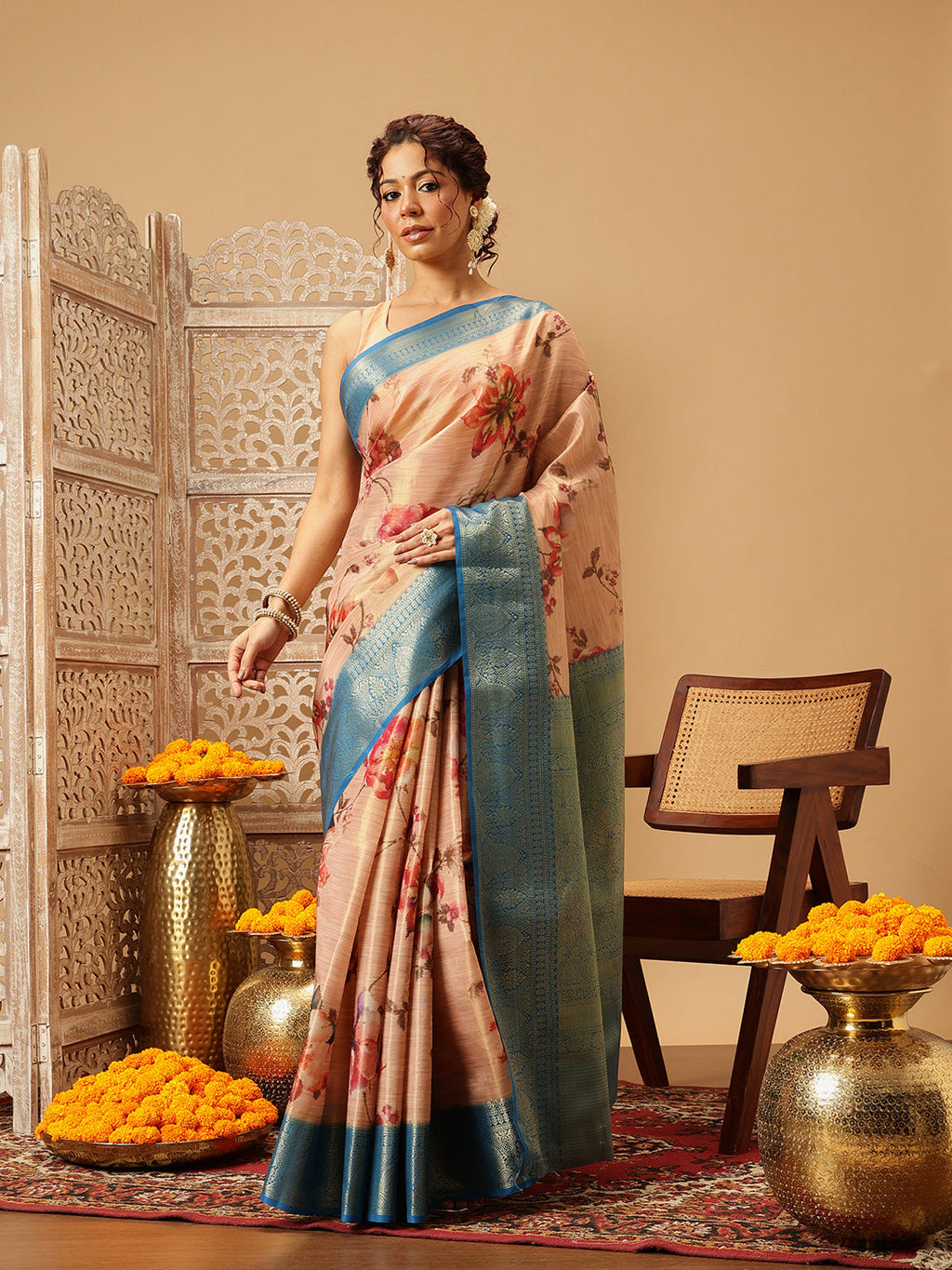 Peach Banarasi tissue silk saree with floral digital print