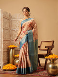 Peach Banarasi tissue silk saree with floral digital print
