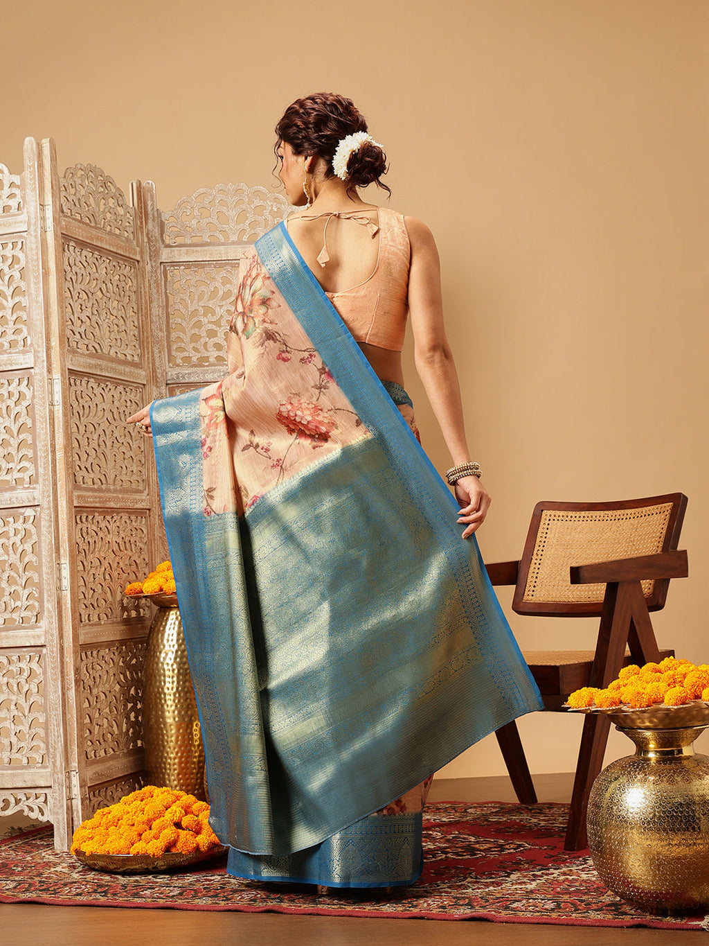 Peach Banarasi Tissue Silk Saree with Floral Print