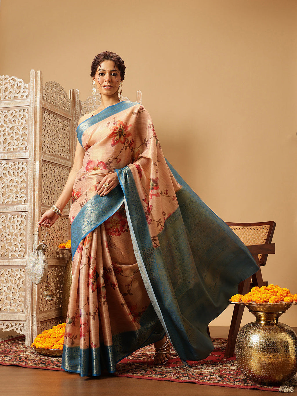 Peach Banarasi Tissue Silk Saree with Floral Print