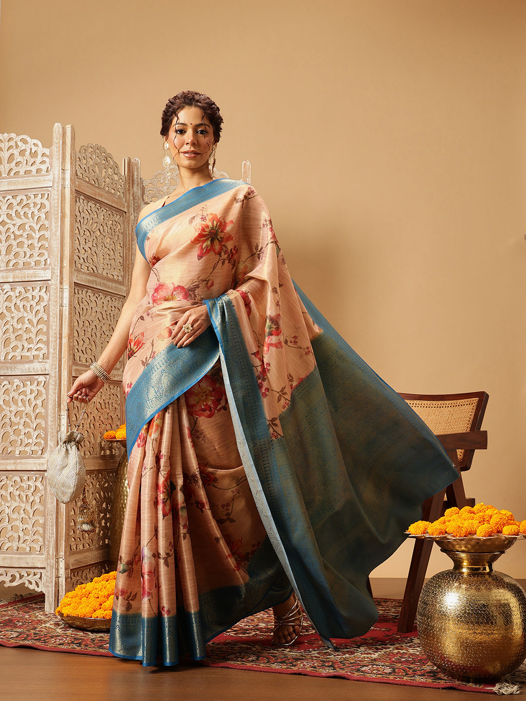Peach Banarasi Tissue Silk Saree with Floral Print