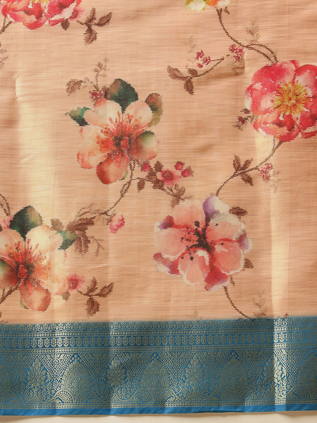 Peach Banarasi Tissue Silk Saree with Floral Print