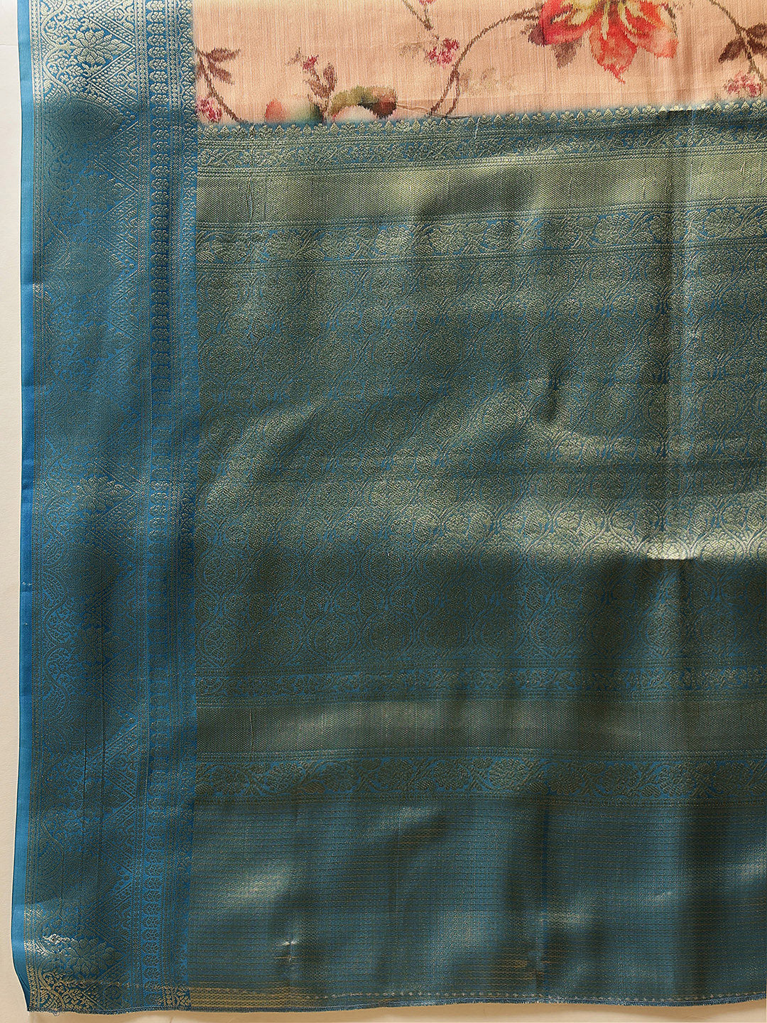 Peach Banarasi Tissue Silk Saree with Floral Print