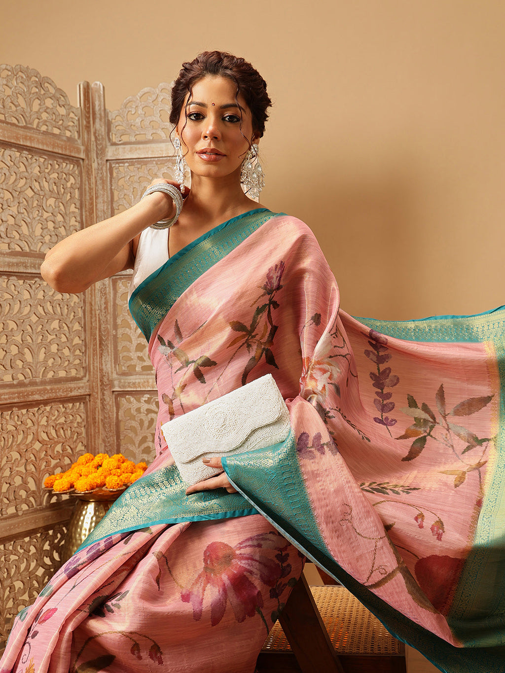 Pink Banarasi Tissue Silk Saree with Floral Digital Print