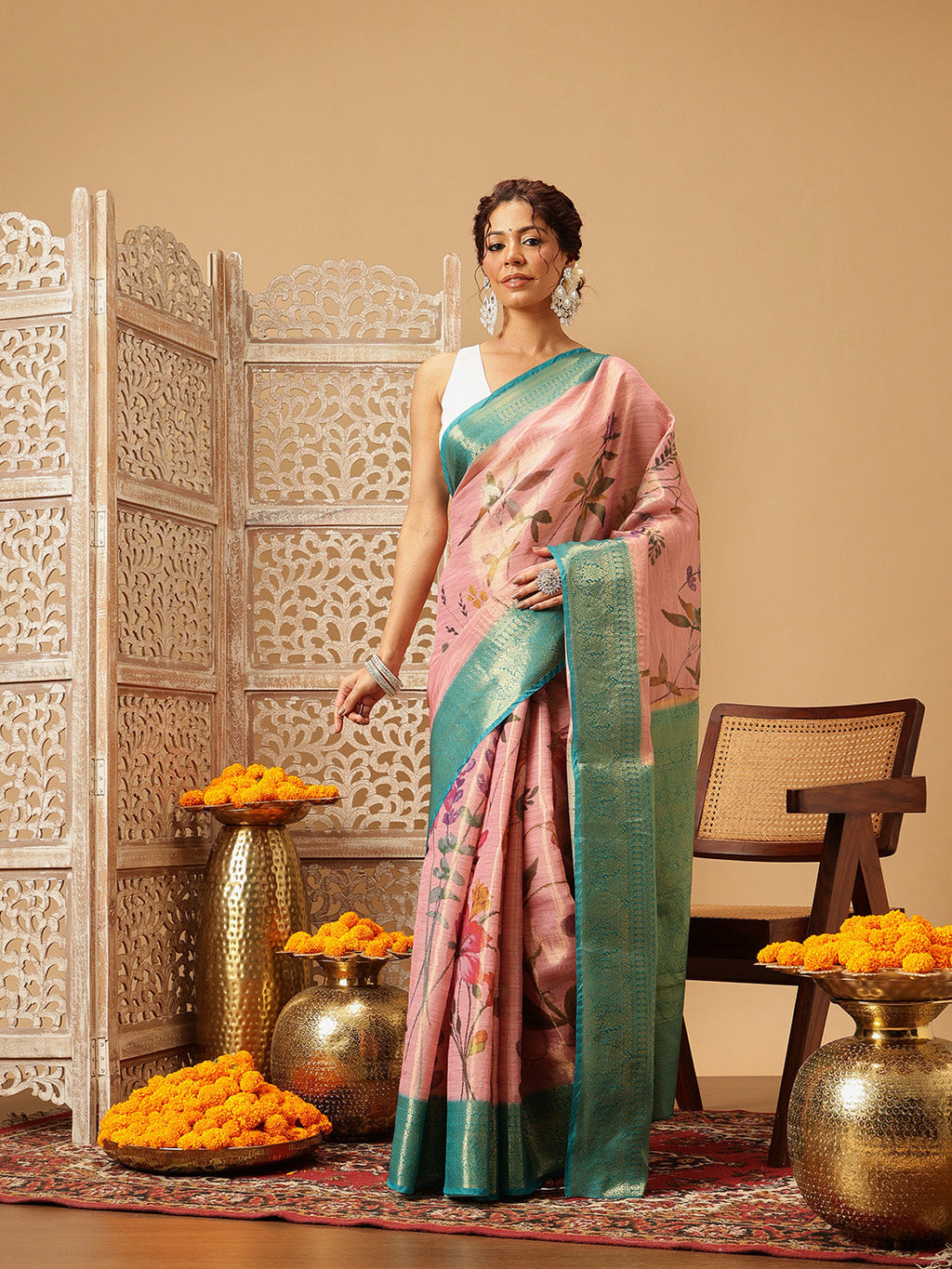 Pink Banarasi tissue silk saree with vibrant floral digital print