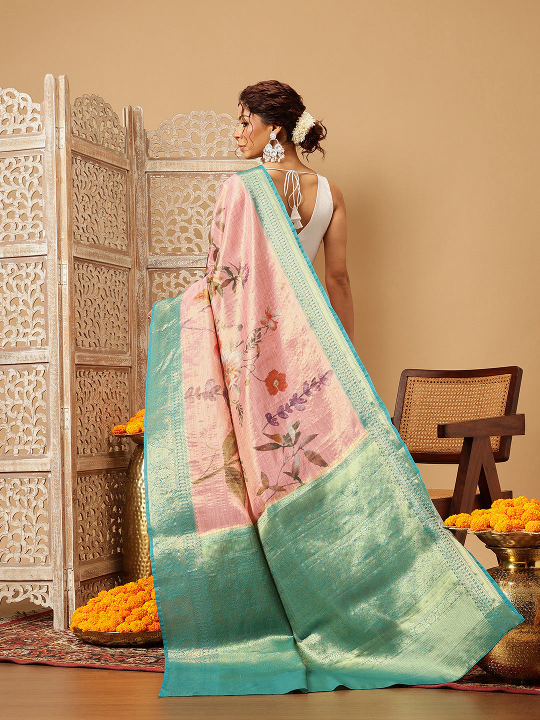 Pink Banarasi Tissue Silk Saree with Floral Digital Print