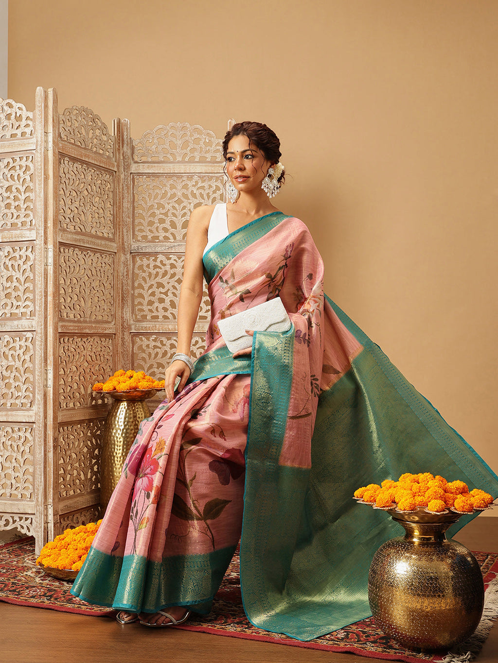 Pink Banarasi Tissue Silk Saree with Floral Digital Print
