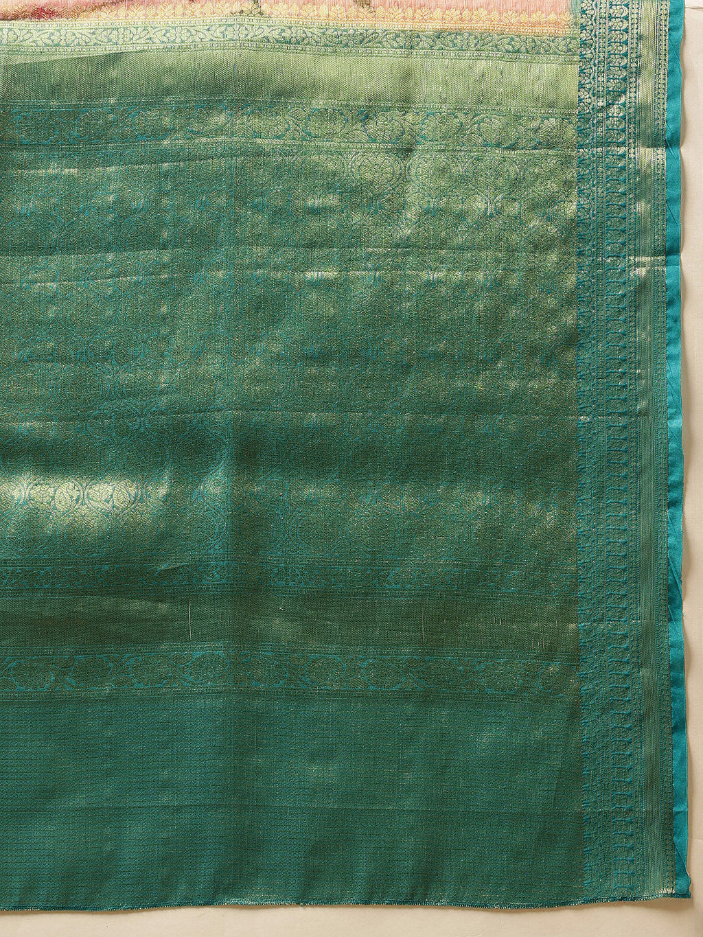 Pink Banarasi Tissue Silk Saree with Floral Digital Print