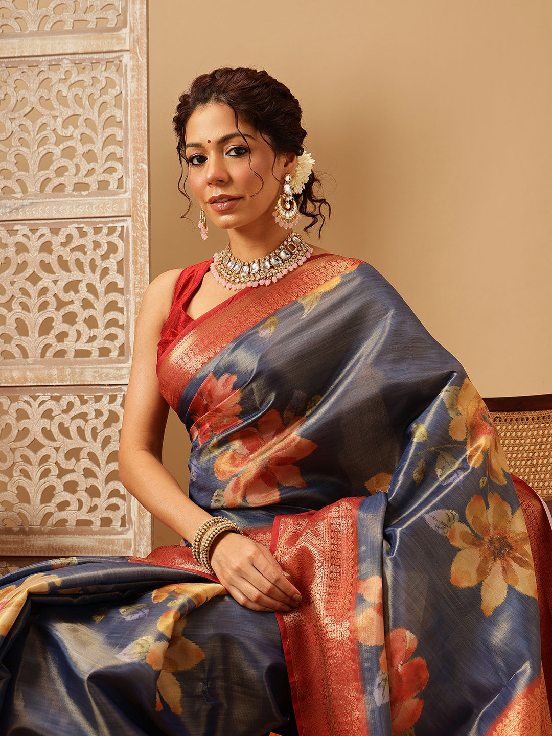 Blue Banarasi Tissue Silk Saree with Floral Digital Print