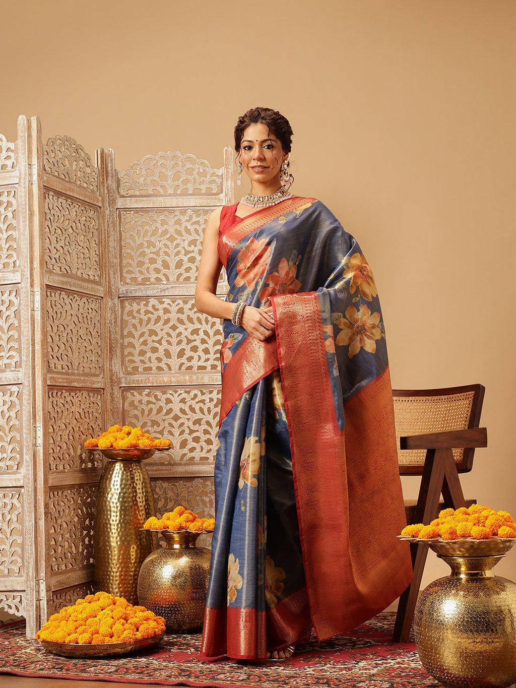 Elegant blue Banarasi tissue silk saree with vibrant floral digital prints.