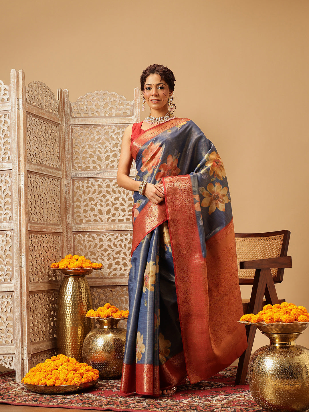 Elegant blue Banarasi tissue silk saree with vibrant floral digital prints.