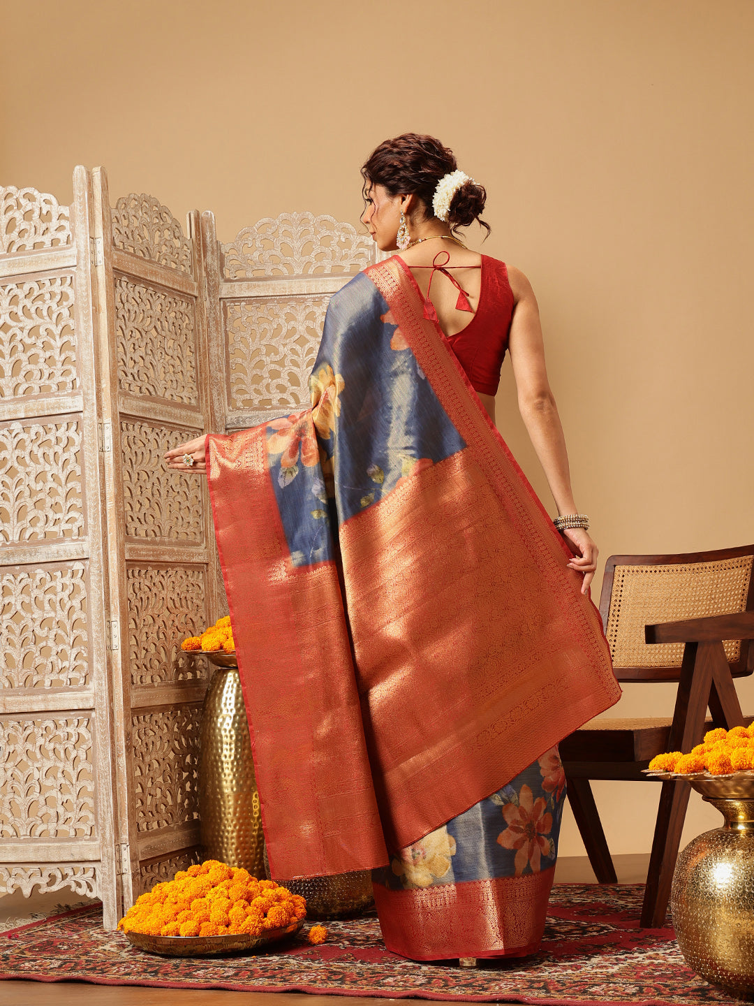 Blue Banarasi Tissue Silk Saree with Floral Digital Print