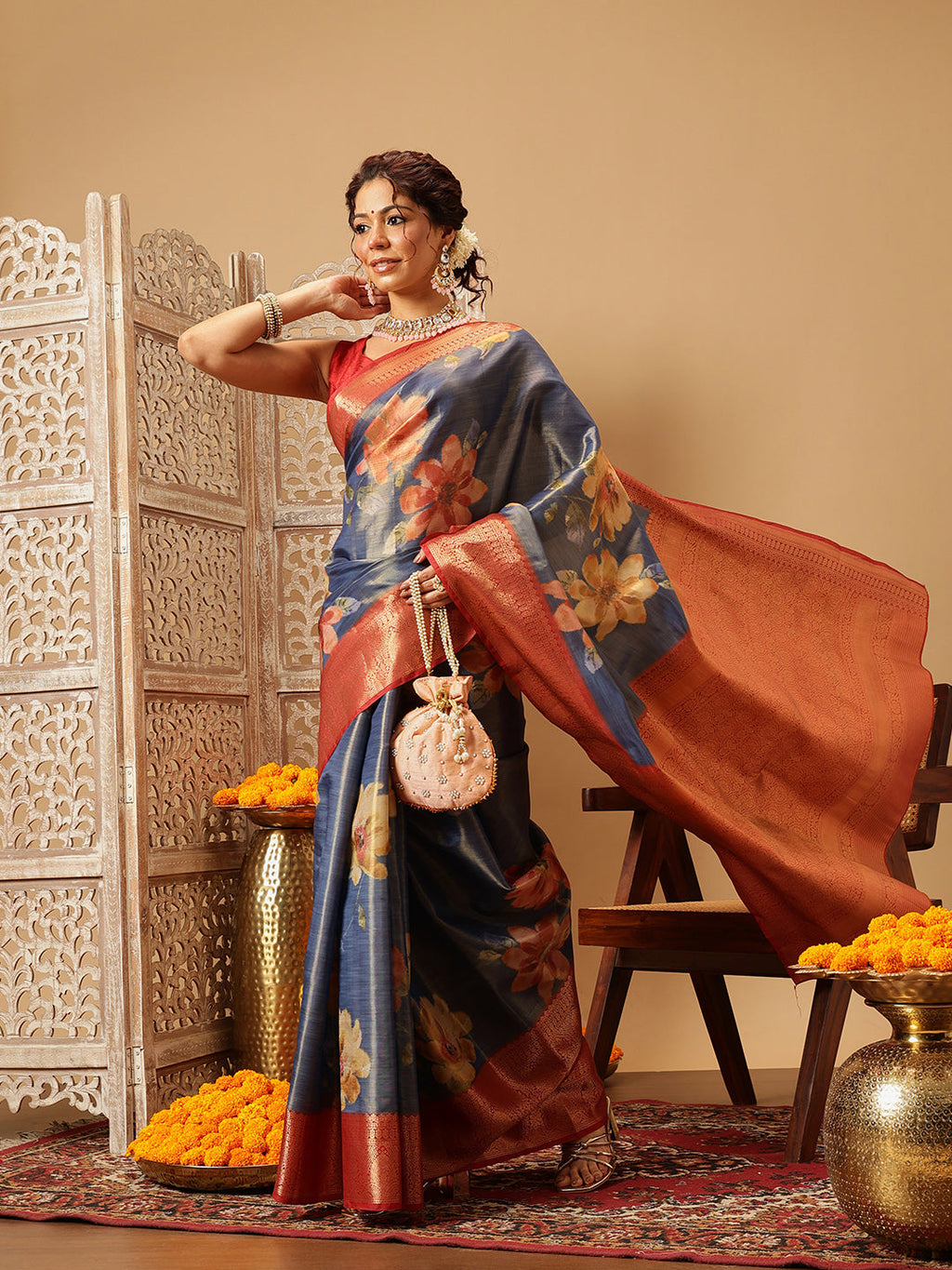 Blue Banarasi Tissue Silk Saree with Floral Digital Print