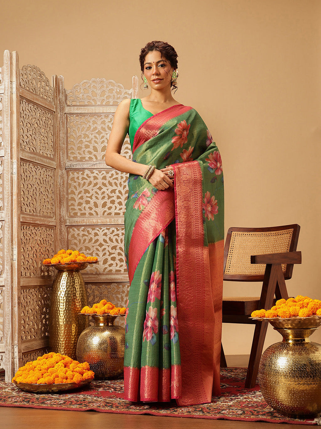 Green Banarasi tissue silk saree with floral digital print