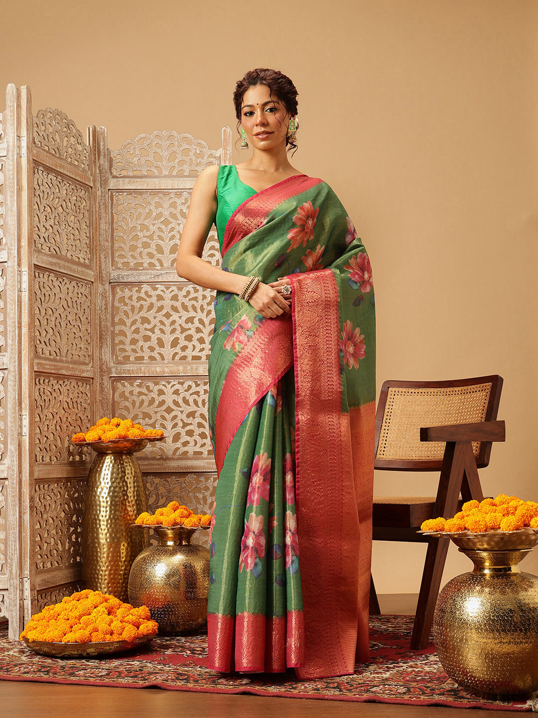 Green Banarasi tissue silk saree with floral digital print