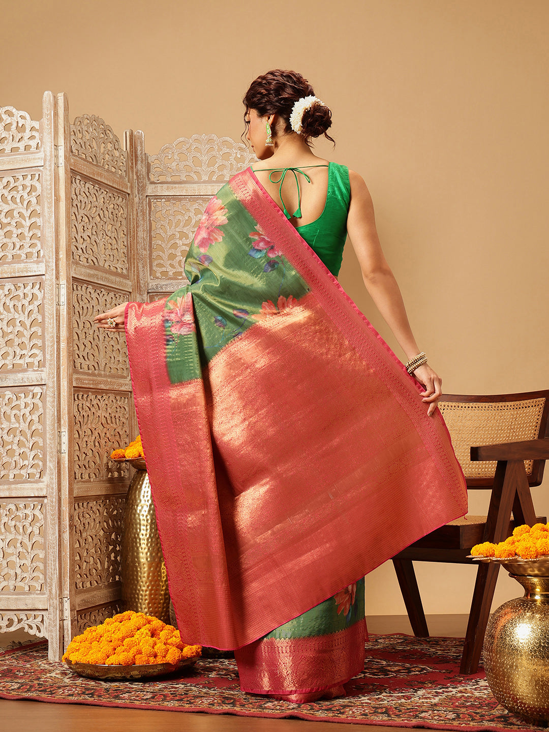 Green Banarasi Tissue Silk Saree with Floral Print